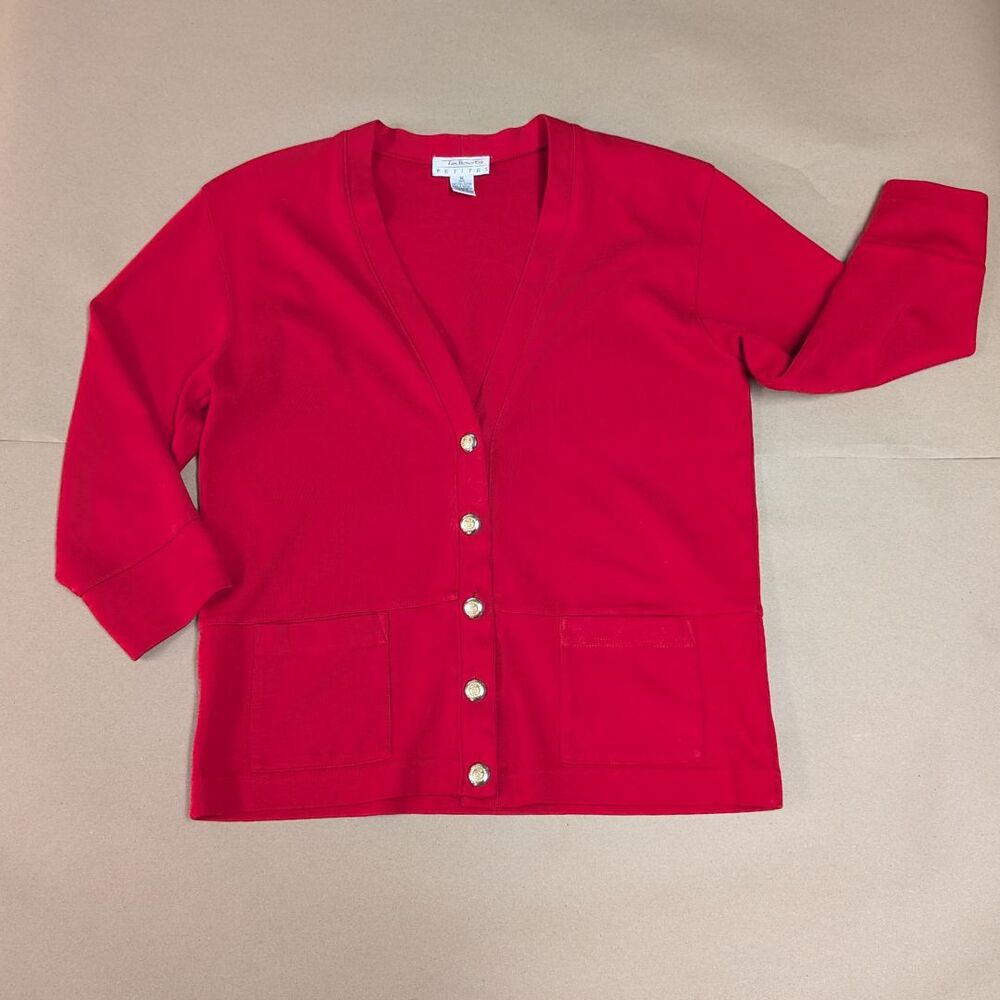 Talbots Womens Petite Medium Red Cardigan Sweater 100% Cotton Gold Button V Neck